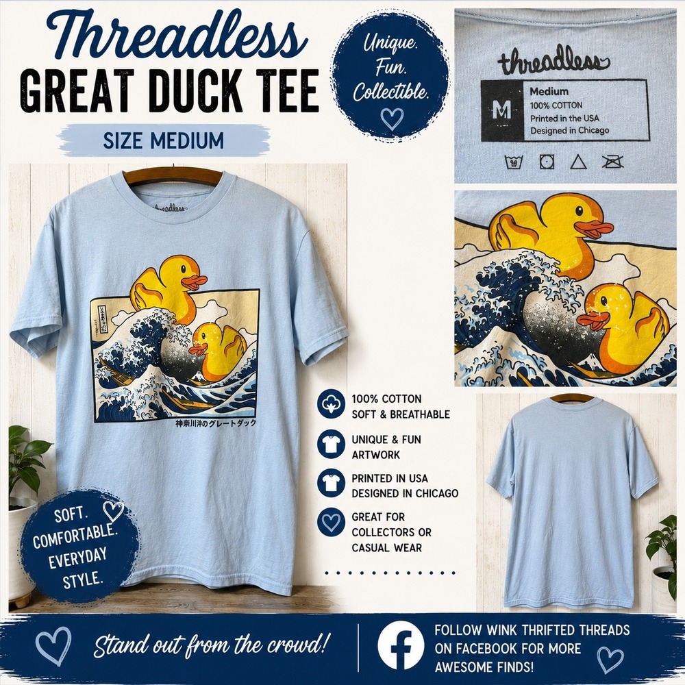 Threadless Duck‎ Tee Mens Medium Blue Great Wave Rubber Duck Graphic T-Shirt